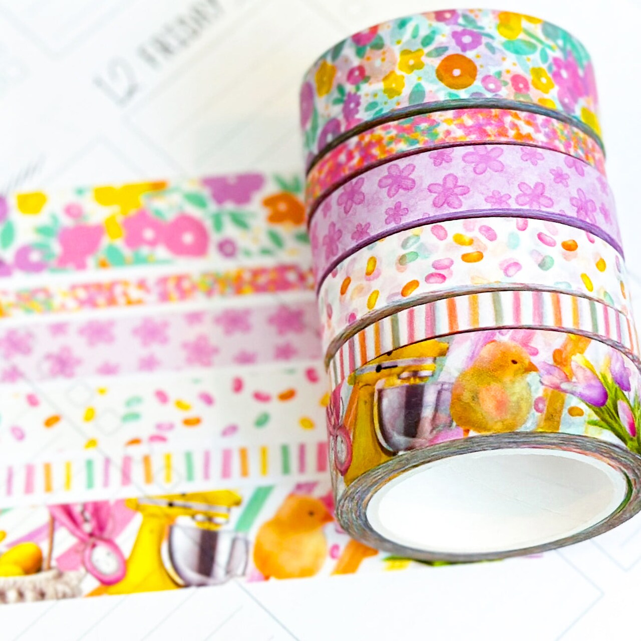 Easter Rainbow Chicks Eggs Spring Flowers Washi Tape Set April 2024 - W105